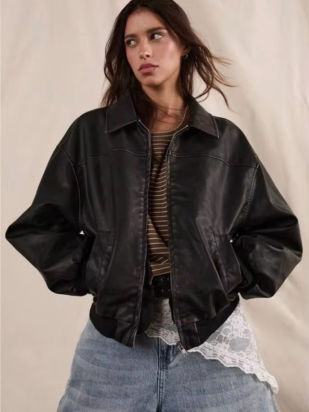 SHEIN Black Faux Leather Oversized Bomber Jacket